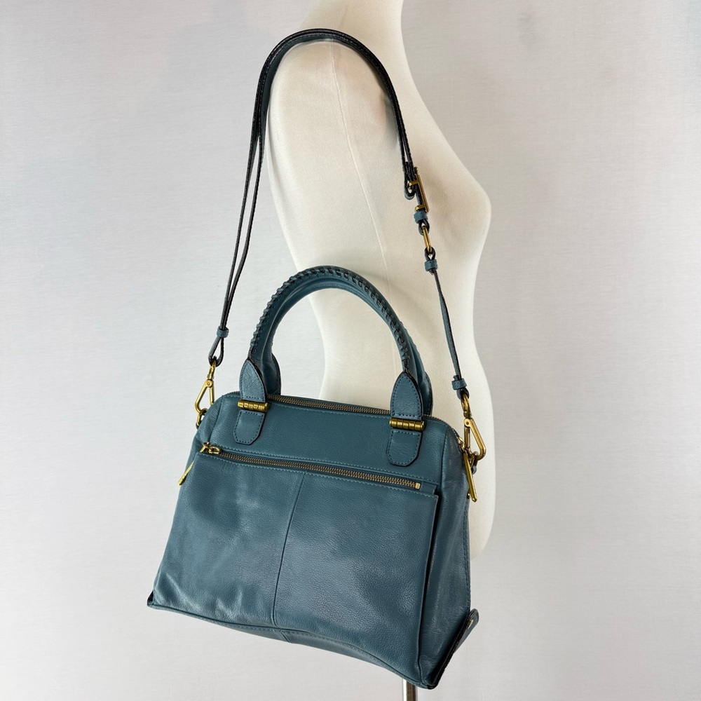 Elliot Lucca Teal Blue Leather Crossbody Satchel with Top Handle